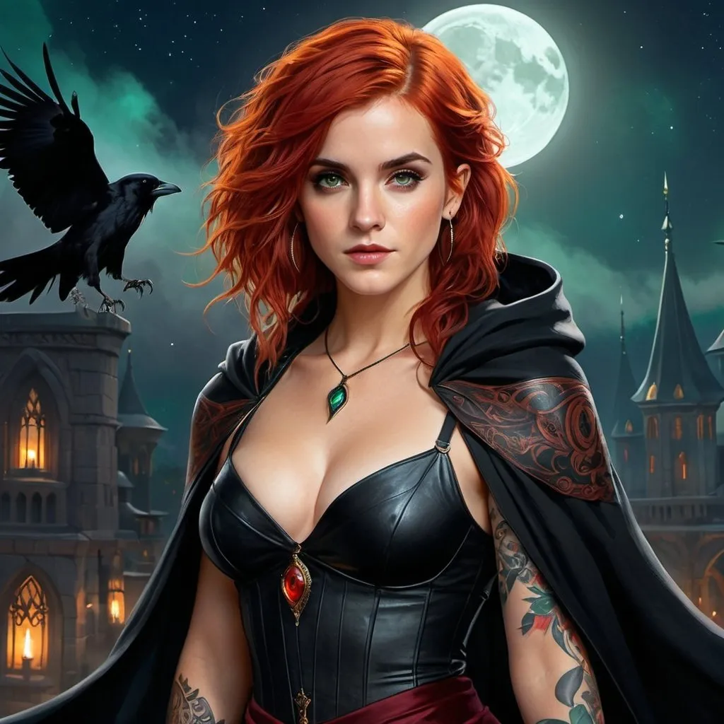 Prompt: Highly detailed character design sheet of a sorceress, ethereal atmosphere, soft focus, woman with red hair, tattoos, bare navel, in a black skirt and cape, raven, cleavage, green eyes, detailed, fantasy, mystical, ethereal, detailed hair, intricate tattoos, sorceress, dreamy atmosphere, bright moon background, night, Emma Watson