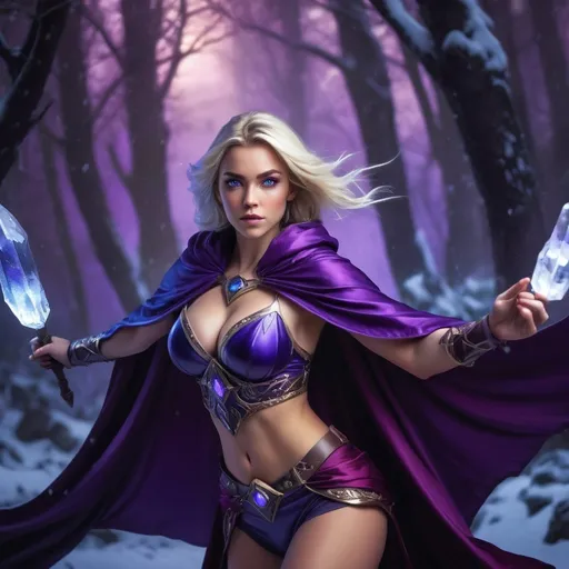 Prompt: Jaina Proudmoore in Keith Parkinson style, wearing a dark violet crop top with a large amount of cleavage and a  dark violet fantasy cape, blue eyes, epic fantasy illustration, highly detailed magical ice effects, dynamic and heroic pose, vibrant color palette, atmospheric lighting, best quality, highres, ultra-detailed, fantasy, epic, magical effects, dynamic pose, vibrant colors, atmospheric lighting, large snowy background