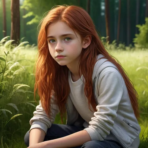 Prompt: Very detailed full body portrait of a 13-year-old tomboy with long red hair, scruffy face, and detailed green eyes, skinny, UHD, 8K, realistic, sad expression, forest background, sitting on the grass, depressed, portrait, detailed red hair, detailed green eyes, tomboy, realistic, full body, sad expression, UHD, 8K, scruffy face, medium-long hair, charismatic, 15-year-old, detailed background, emotional lighting, innocent looking, youthful