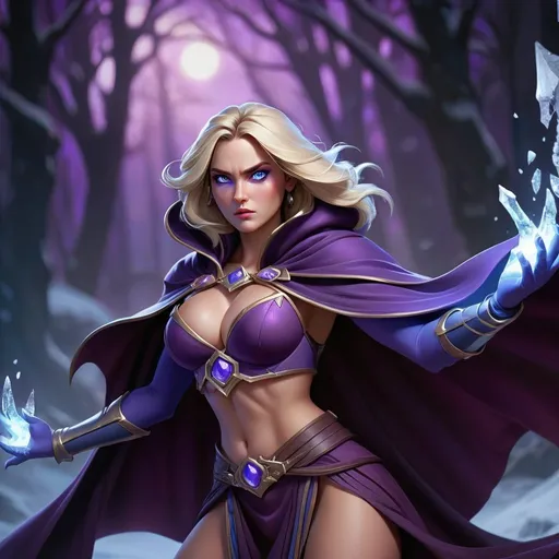 Prompt: Jaina Proudmoore in Keith Parkinson style, wearing a dark violet crop top with a large amount of cleavage and a  dark violet fantasy cape, blue eyes, epic fantasy illustration, highly detailed magical ice effects, dynamic and heroic pose, vibrant color palette, atmospheric lighting, best quality, highres, ultra-detailed, fantasy, epic, magical effects, dynamic pose, vibrant colors, atmospheric lighting, big open snowy battlefield background