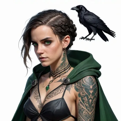 Prompt: Highly detailed character design sheet of a sorceress, human woman, tattoos, bare navel, in a black skirt and cape, raven, cleavage, green eyes, detailed, fantasy, mystical, ethereal, detailed left side braided hair, intricate tattoos, Emma Watson, thick eyebrows