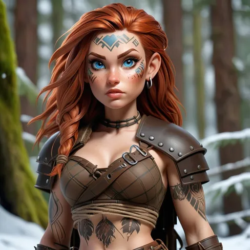 Prompt: UHD full body portrait of a pale female barbarian warrior, Everquest style, detailed face, long brown hide plaid kilt, strapless brown drawstring hide cropped short shirt, bright blue eyes, rugged expression, tribal tattoos, detailed red hair, 4k, ultra detailed, fantasy, rugged style, detailed eyes, tribal design, professional, dramatic lighting, snowy forest background