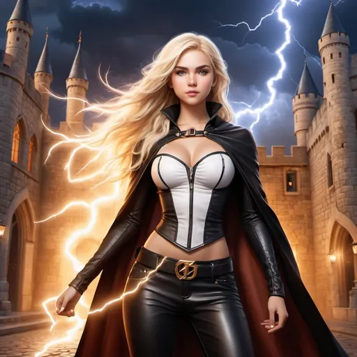 Prompt: full body shot, hyper-realistic 18 year old female human character with lightning magic in her hands, fantasy character art, illustration, dnd, warm tone, bright white eyes, blonde hair, more cleavage, intricate black crop top, with a cape over shoulders, long leather pants, castle background