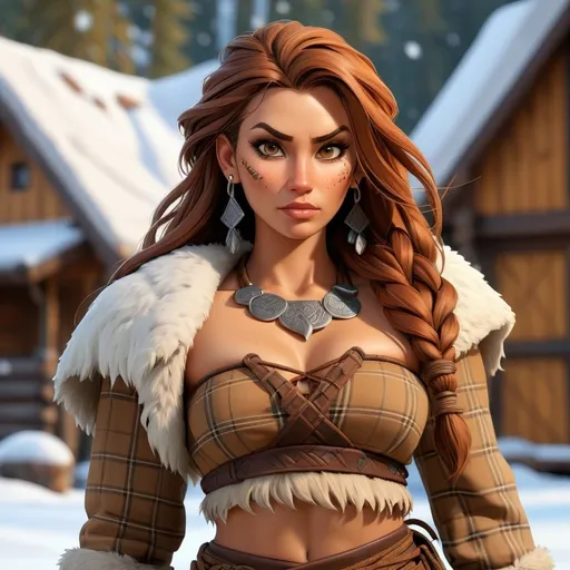 Prompt: UHD full body portrait of a Everquest style female barbarian Shaman, detailed face, wearing a long brown hide plaid kilt and a strapless brown drawstring hide cropped short shirt, snow covered fantasy medieval viking longhouse in the background, detailed eyes, rugged expression, tribal tattoos