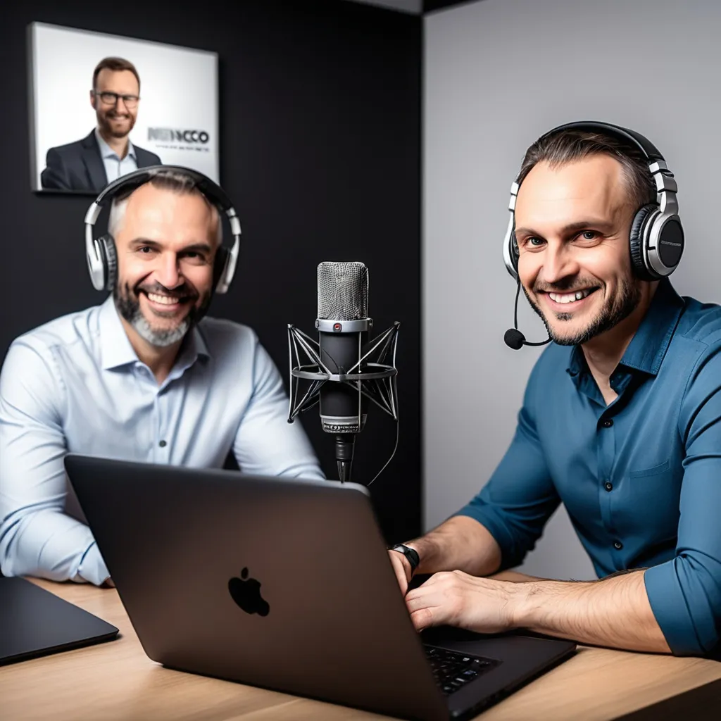 Prompt: "Podcast studio, host Vlad speaks into a microphone with headphones on, professional and inviting atmosphere, guest Dr. Menco Fischer smiles confidently, modern setup with laptops, engaging discussion vibe."