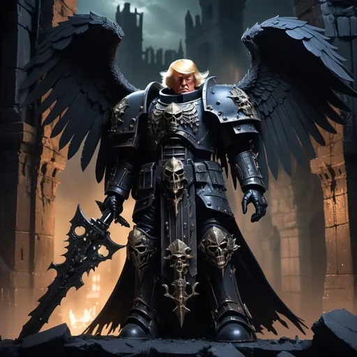 Prompt:  a person that has a strong resemblance to Donald Trump, clad in the grimdark, gothic armor of a Dark Angel from Warhammer 40K. with ornate pauldrons, a flowing green robe, and the brooding demeanor of a warrior-priest.