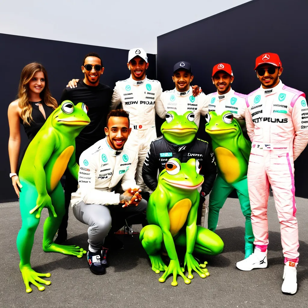 Prompt: Five frogs posing with Lewis Hamilton