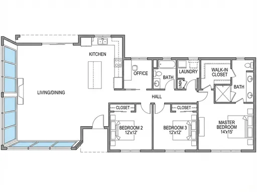 Prompt: Residential single-storey house.

Required spaces:
- Living / Dining (open plan)
- Kitchen (open to living)
- Bedroom 2: 12’ x 12’ with separate closet
- Bedroom 3: 12’ x 12’ with separate closet
- Master Bedroom with:
   - Sleeping area approx. 14’ x 15’
   - Walk-in closet
   - En-suite bathroom
- Shared bathroom
- Laundry room
- Small office / study
-linen closet 

Design intent:
- Modern style
- Clear separation of public and private spaces
- Good cross-ventilation
- Efficient circulation