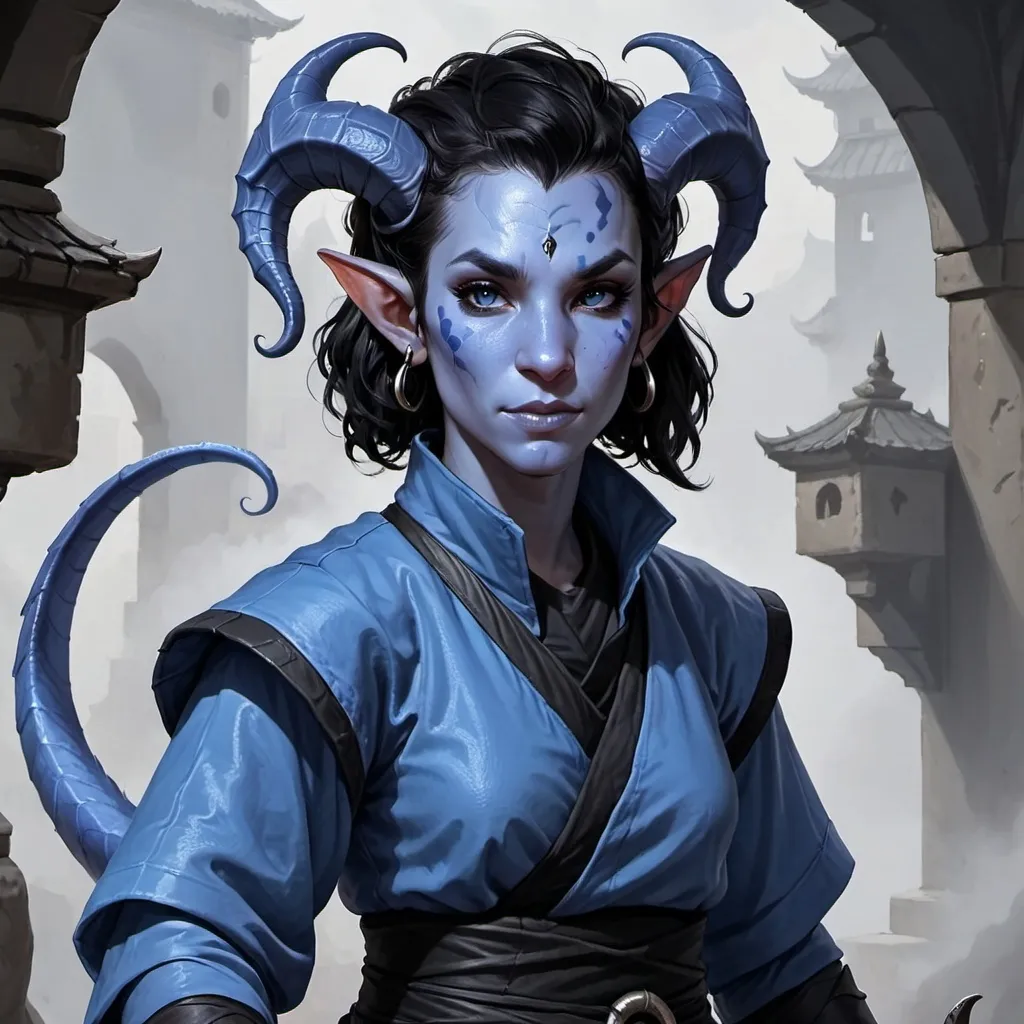 Prompt: blue female Tiefling monk with black hair and small scales