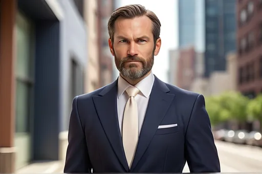 Prompt: A man in his 40s. A neatly trimmed beard. He's wearing a well-tailored navy blue suit with a white dress shirt and a loosened tie.  His expression is one of quiet confidence with a determined gaze and a hint of a smirk. The lighting is warm studio style. City scape background