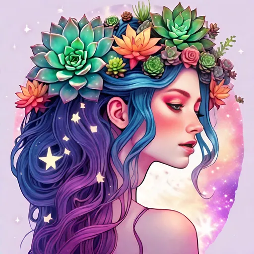 Prompt: Colorful and beautiful Persephone with hair that is made out of the stars and succulents  HIGH DEFINITION 