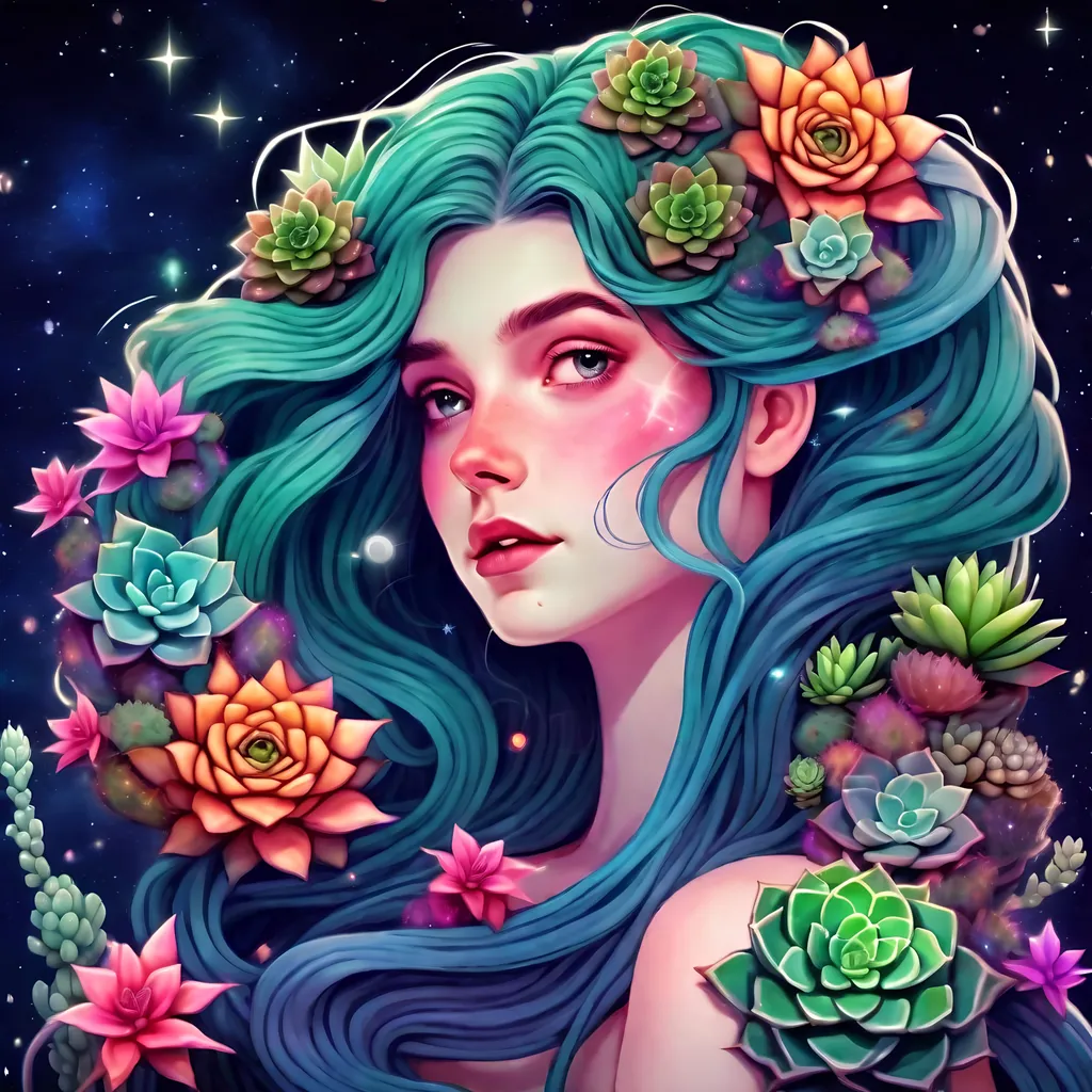 Prompt: Colorful and beautiful Persephone with hair that is made out of the stars and succulents  HIGH DEFINITION 