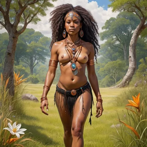 Prompt: Royal cosmic being, beautiful black woman, wearing a loin cloth, copper wrapped clear quartz, walking barefoot in the grass, honoring the ancestors, vivid colors , extremely detailed