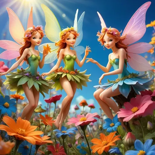 Prompt: Fantastic magical flower fairy's, vivid colors, extremely detailed. mutliple fairies in the flowers, daylight, blue skies, 16k