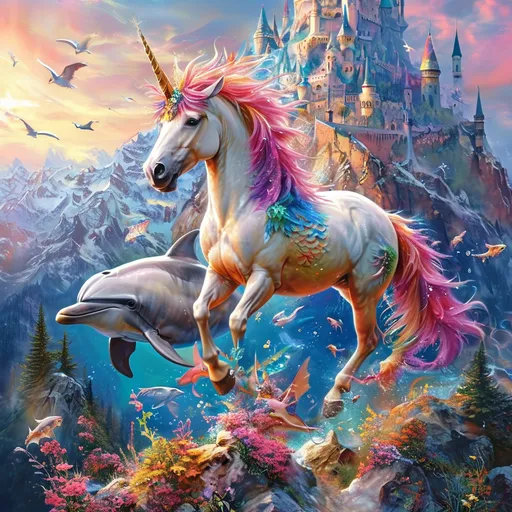 Prompt: Fantastic magical unicorn, dragons, dolphins and a huge castle on the top of the  mountain vivid colors, extremely detailed