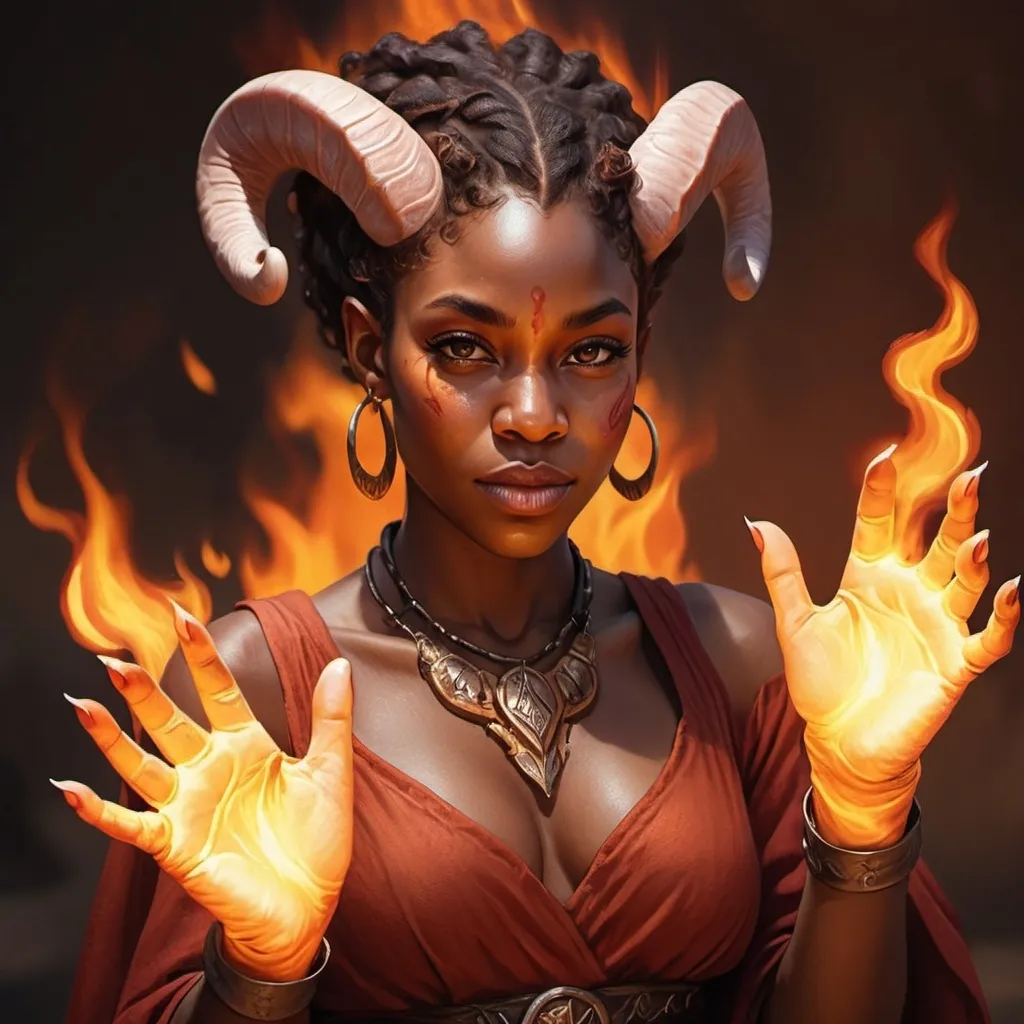 Prompt: hyper-realistic Tiefling african american female character with fire hands, fantasy character art, illustration, dnd, warm tone