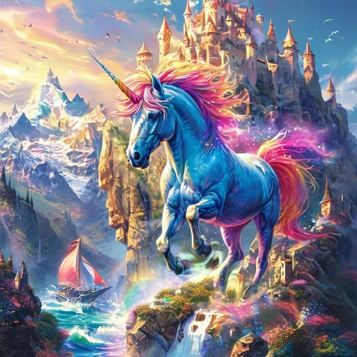 Prompt: Fantastic magical unicorn, dragons, dolphins and a huge castle on the top of the  mountain vivid colors, extremely detailed