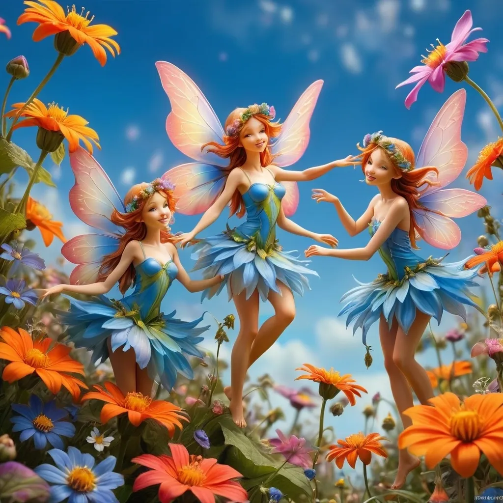 Prompt: Fantastic magical flower fairy's, vivid colors, extremely detailed. mutliple fairies in the flowers, daylight, blue skies, 16k