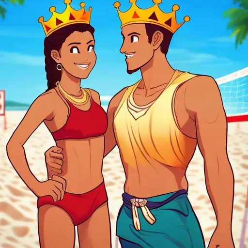 Prompt: Beach volleyball theme. Image of a king with a crown next to a queen with a crown. Both characters to have crowns. Color of the clothes should be red. 
Include a text that reads “valentine’s day”