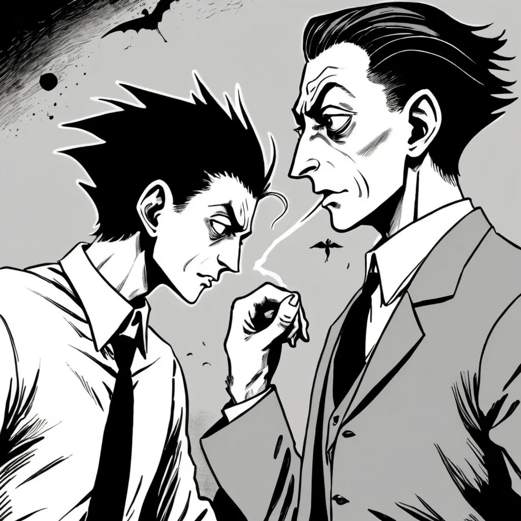 Prompt: Kafka and Albert Camus fighting each other because they love the same woman, manga style, Horror