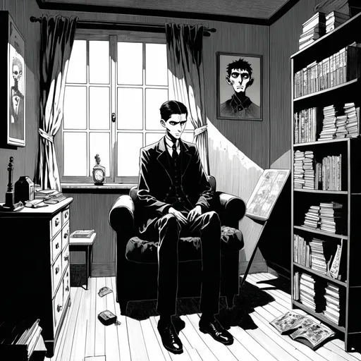 Prompt: Kafka, manga style, Horror, sitting in his room