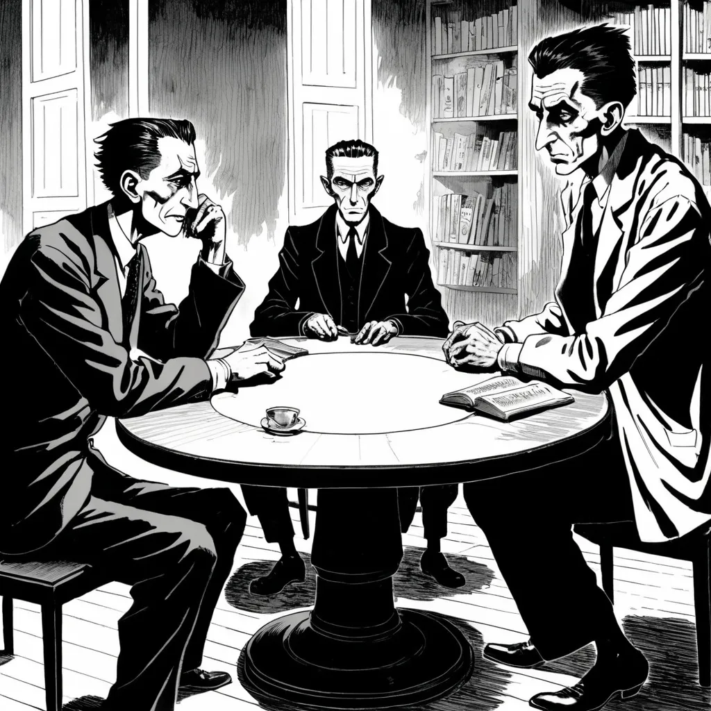 Prompt: emil cioran and Kafka and Albert Camus and J.D Salinger, manga style, Horror, sitting together on a round table