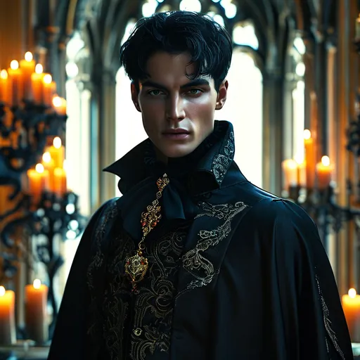 Prompt: Adult (26 years old) fantasy novel villain, (alluring male vampire), (strikingly handsome) pale olive skin tone (defined features), (Roman nose), dressed in (royal Victorian clothing), (short black hair) pushed back hair, standing in a gothic parlor room with candles (gothic castle), intricate details, (very realistic character portrait), cool tones, dramatic lighting, (shadowy atmosphere), evokes a sense of mystery and elegance, (highly detailed), (4K)