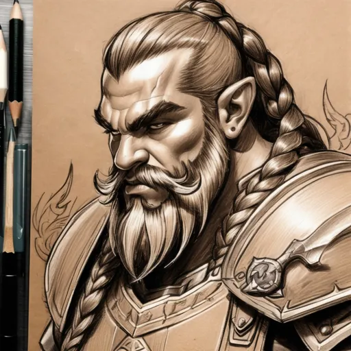 Prompt: sketch dwarf braids, armor metal,axe,on light brown paper.world of warcraft art, pencil detail texture