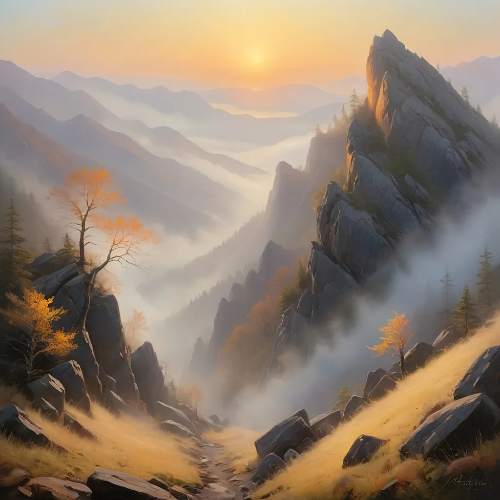 Prompt: An atmospheric sunrise scene in a mountain range, where golden sunlight breaks through the thick morning fog. The mist adds a mystical and dramatic element to the natural surroundings, with the sun casting long shadows on the rocky terrain. The painting should evoke a sense of calm and awe, capturing the raw beauty of nature with soft, vivid colors