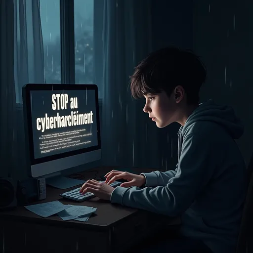 Prompt: mot “STOP au cyberharcèlement”, ou une image d’un ado devant un écran, visiblement affecté.