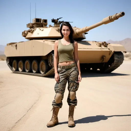 Prompt: A gorgeous dark haired female soldier in a three tone camouflaged U.S. Army uniform with red-brown gloves and boots is posing in front of a U.S. „Abrams“ main battle tank in desert yellow, standig on a concret road with a camouflaged concret bunker nearby on an army proving ground in California, USA, girls is smiling with confidence, photo realistic scene, accurate spelling and lettering, accurate girl and camoufalge, authentic, real and accurate scale of tank, proportion and realistic distance between girl and Abrams Tank, high-quality rendering, dynamic scene, atmospheric lighting., photo, 3d render, cinematic, fashion