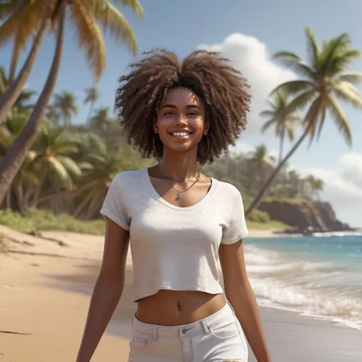 Prompt: Prompt: Photorealistic image of gorgeous young Afro-American mid-brown woman, dressed in a white and short T-Shirt, white short pants, bare foot. She is slowly walking over a sandy beach in Hawaii, some Coco-Nuts and Palm Trees are scattered around and the Sea is gently washing on the shore. Woman is looking dreamy and happy”. Detailed facial features, realistic hair strands, high-quality rendering, photorealism, detailed attire, authentic lighting, detailed poster with letters, dynamic pose, atmospheric lighting.