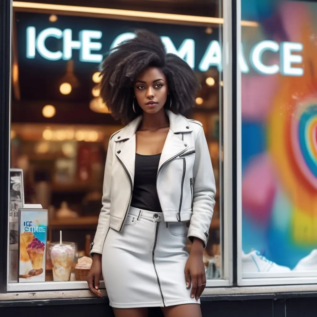 Prompt: Prompt: Photorealistic image of a gorgeous young Afro-American mid-brown woman, dressed in white leather jacket, black T-Shirt, black leather skirt, white overknee boots and gloves. She is standing in front of an advertising poster on a shopping window of  Ice Cafe. On the poster is depicted a colourful Ice Cone and in several times the  black lettering “Ice”. Detailed facial features, realistic hair strands, high-quality rendering, photorealism, detailed attire, authentic lighting, detailed poster with letters, dynamic pose, atmospheric lighting
