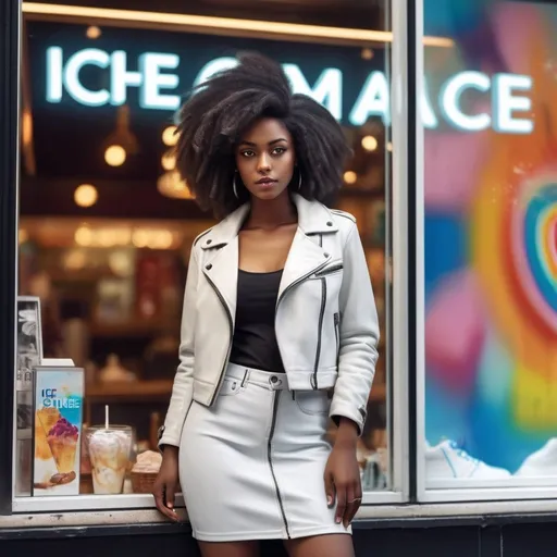 Prompt: Prompt: Photorealistic image of a gorgeous young Afro-American mid-brown woman, dressed in white leather jacket, black T-Shirt, black leather skirt, white overknee boots and gloves. She is standing in front of an advertising poster on a shopping window of  Ice Cafe. On the poster is depicted a colourful Ice Cone and in several times the  black lettering “Ice”. Detailed facial features, realistic hair strands, high-quality rendering, photorealism, detailed attire, authentic lighting, detailed poster with letters, dynamic pose, atmospheric lighting
