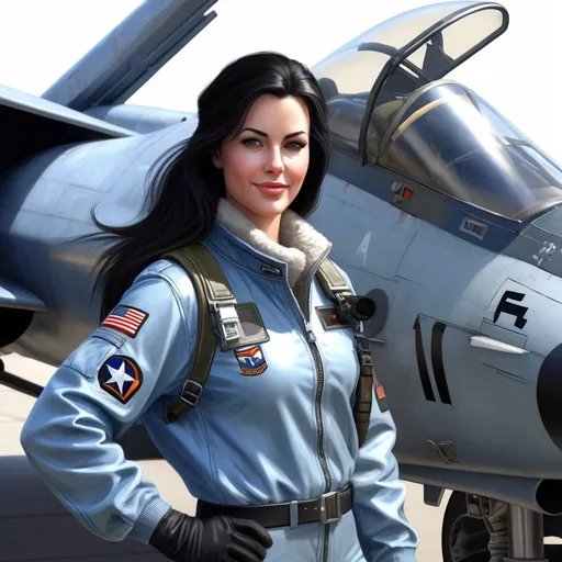 Prompt: Prompt:




Photorealistic image of a gorgeous mid-aged female fighter pilot with long waving black hair, dressed in a light-blue flight overall, black gloves, and boots, smiling, standing beside a silver 'F-104' Starfighter jet fighter, parking in a  aircraft shelter, detailed facial features, realistic hair strands, high-quality rendering, photorealism, detailed attire, authentic lighting, aviation, fighter pilot, dynamic pose, polished jet, professional, atmospheric lighting






