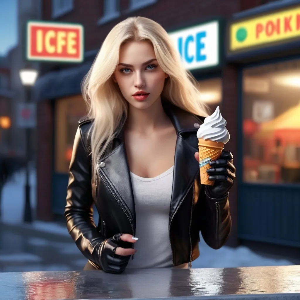 Prompt: Prompt: Photorealistic image of a gorgeous young blonde woman with long waving black mane, dressed in black leather jacket, white t-Shirt, black leather skirt, back overknee boots, black gloves. She is holding with left hand an Ic Cone in her hand, and licking the ice. She is, standing in front of an advertising poster on an Ice Cafe. On the poster is depicted a colourful Ice Cone. Sveral times In black lettering “Ice” is written on the poster and KPR. Detailed facial features, realistic hair strands, high-quality rendering, photorealism, detailed attire, authentic lighting, detailed poster with letters, dynamic pose, atmospheric lighting






