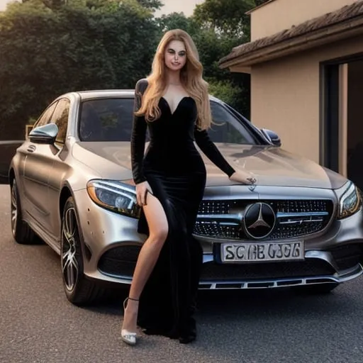 Prompt: Photorealistic image of a gorgeous young Hig Society Lady with long waving blond full mane, dressed in a black evening dress with back overknee boots. She is smiling, having a white handbag in one hand, standing besides a silver “Mercedes Benz 500” , parked on a private Drive-Way with a bungalow in the backdrop, detailed facial features, realistic hair strands, high-quality rendering, photorealism, detailed attire, authentic lighting, automobil, Society Lady, dynamic pose, atmospheric lighting
