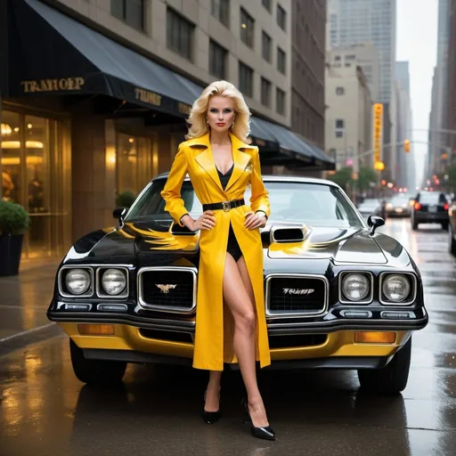 Prompt: A gorgeous and stunning  blonde American photo fashion super model dressed as gorgeous stunning  Stock Market business Woman, aged 32 with 1978 hairdo, white gloves and black high heels, is posing in front of a 1978 shiny black „Pontiac Firebird Trans Am “ U.S. sports car with a yellow Firebird symbol on the hood, which is prominently parked in front of The Trump Tower in NYC, on a wet rainy day, atmosphere is lively and dynamic, with realistic proportions and authentic details of car and buildings. Atmospheric lighting enhances the cinematic feel of the scene, creating a vibrant and fashionable ambiance, accurate scale and proportion between car and girls, accurate, detailed and true „Trans Am Firebird“ car, fashion, 3d render, cinematic, vibrant, photo