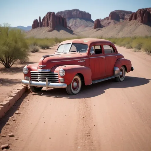 Prompt: Besides a dusty, sandy road in the desert of Arizona are standing lots of 1940s, 1950 and 1960s U.S. Classic Cars from Buik, Cadillac, Studebaker, Ford, Dodge in different shapes, rusty, fading paint, with cardoors missing, open hoods, no windscreen anymore, on the road is walking a gorgeou fashoin model in light summer fashion dress in high red leather boots with black ornaments and smiling confidently, 3d render, cinematic, vibrant, photo realistic environment