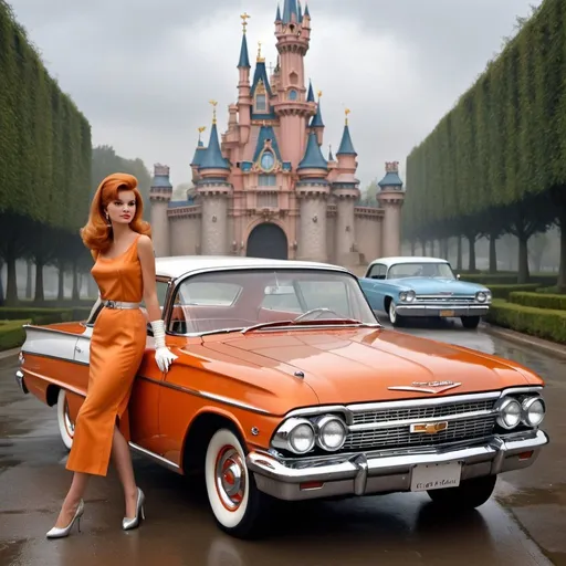 Prompt: A gorgeous and stunning German 1960s photo fashion super model dressed as gorgeous stunning business woman, aged 29 with red-blond long 1962 hairdo, white gloves and silver high heels, is posing in front of a 1964 shiny metallic orange Bubble Top 1962 „Chevrolet Bel Air“ U.S. car, which is prominently parked in front of Walt Disney Entrance near Paris, on a wet rainy day, atmosphere is lively and dynamic, with realistic proportions and authentic details of car and buildings. Atmospheric lighting enhances the cinematic feel of the scene, creating a vibrant and fashionable ambiance, accurate scale and proportion between car and girls, accurate, detailed and true „Bel Air“ car, fashion, 3d render, cinematic, vibrant, photo