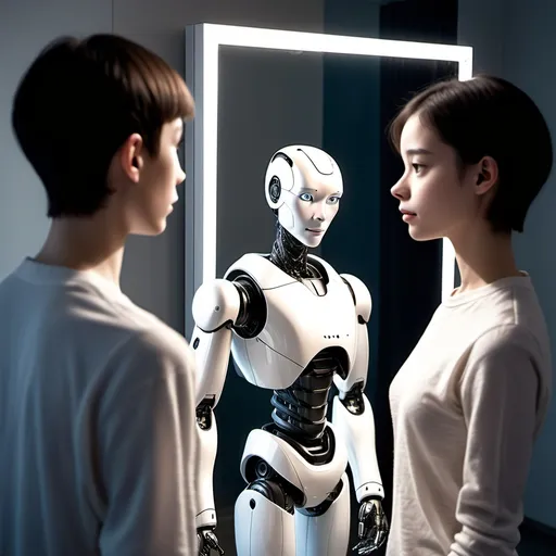 Prompt: "A humanoid robot standing in front of a mirror, examining its human-like reflection. Its face is soft and expressive, but there is a sense of confusion in its eyes, as if it is trying to understand its identity. In the background, a human is watching the robot from a distance, unsure whether to trust this machine. The scene is lit with soft, reflective light, creating a contemplative atmosphere about the nature of consciousness and artificial intelligence."