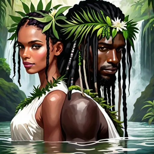 Prompt: Portrait of a Melanesian man and Melanesian woman from the Pacific with black skin and long black dread locks emerging from a river. The woman wears a crown made from vegetation and wears a flowy bohemian white dress. Around the couple the environment is mystical. There is a waterfall behind them and nature is tropical and luxuriant. 
