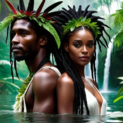 Prompt: Melanesian man and Melanesian woman with black skin and long black dread locks emerging from a river. The woman wears a crown made from vegetation and wears a flowy bohemian white dress. The environment is mystical. There is a waterfall behind them and nature is tropical and luxuriant. High resolution, 4k
