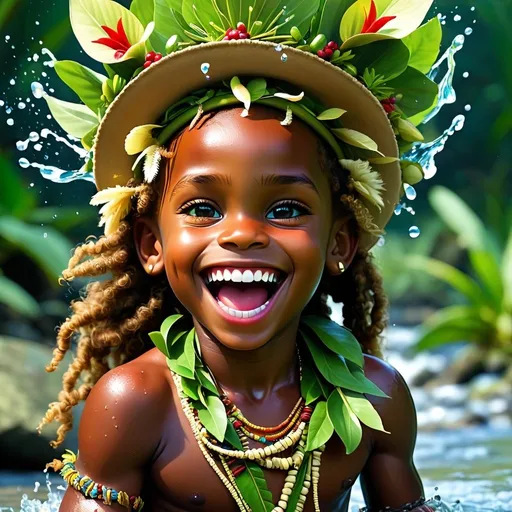 Prompt: Melanesian wearing a vegetation crown and a Caucasian child wearing a cowboy hat are playing in a river and throwing water at each other. They are laughing, they have big smile on their face.

