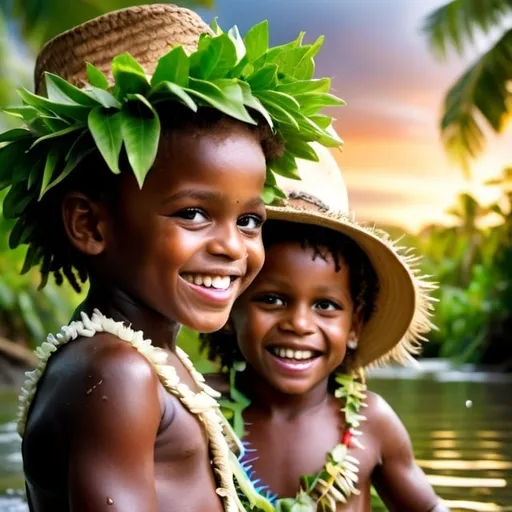 Prompt: Melanesian child with a vegetation crown and Caucasian child with a cowboy hat are playing in a river and throwing water at each other. They are laughing, they have big smile on their face.
