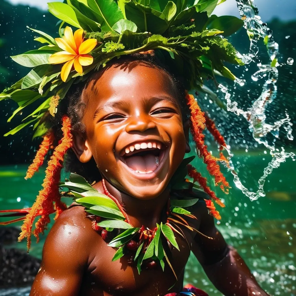 Prompt: Melanesian child wearing a vegetation crown playing in a river and throwing water. He is laughing and have a big smile 

