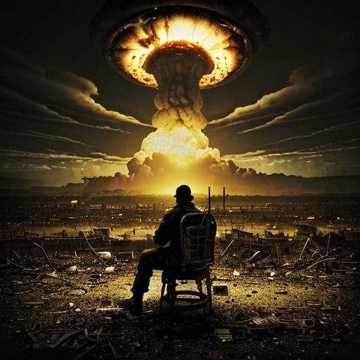 Prompt: Apocalyptic scene of a man sitting on an old toilet, nuclear bomb mushroom cloud, desolate landscape, post-apocalyptic setting, dramatic lighting, gritty and grimy, abandoned atmosphere, high quality, photorealistic, apocalyptic, desolation, dramatic lighting, gritty, nuclear bomb, man on toilet, post-apocalyptic
