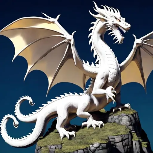 Prompt: A white dragon with three heads and golden eyes fliying around a mountain 