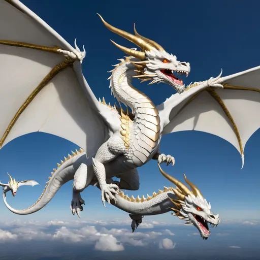 Prompt: White dragon with three heads and golden eyes fliying in the sky 