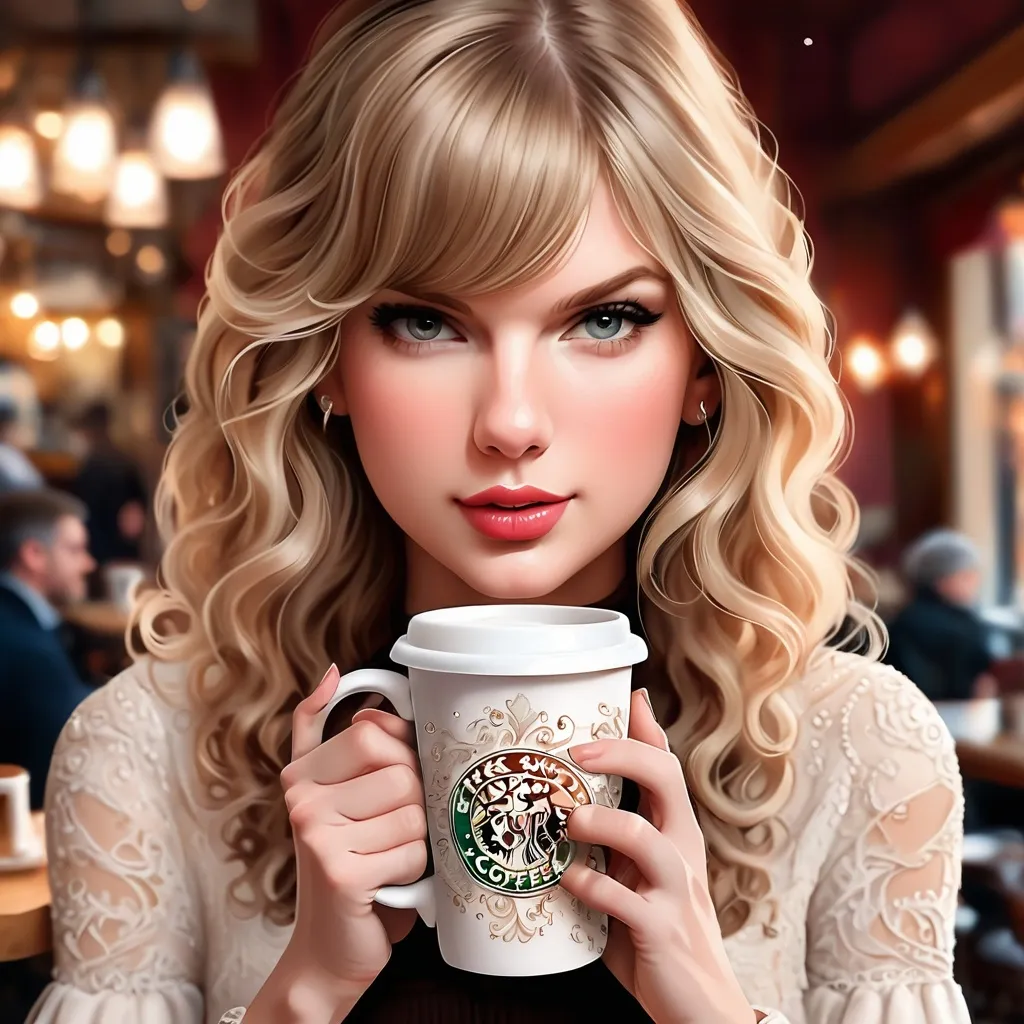 Prompt: create me an image of taylo swift with artistic detail in the mug
